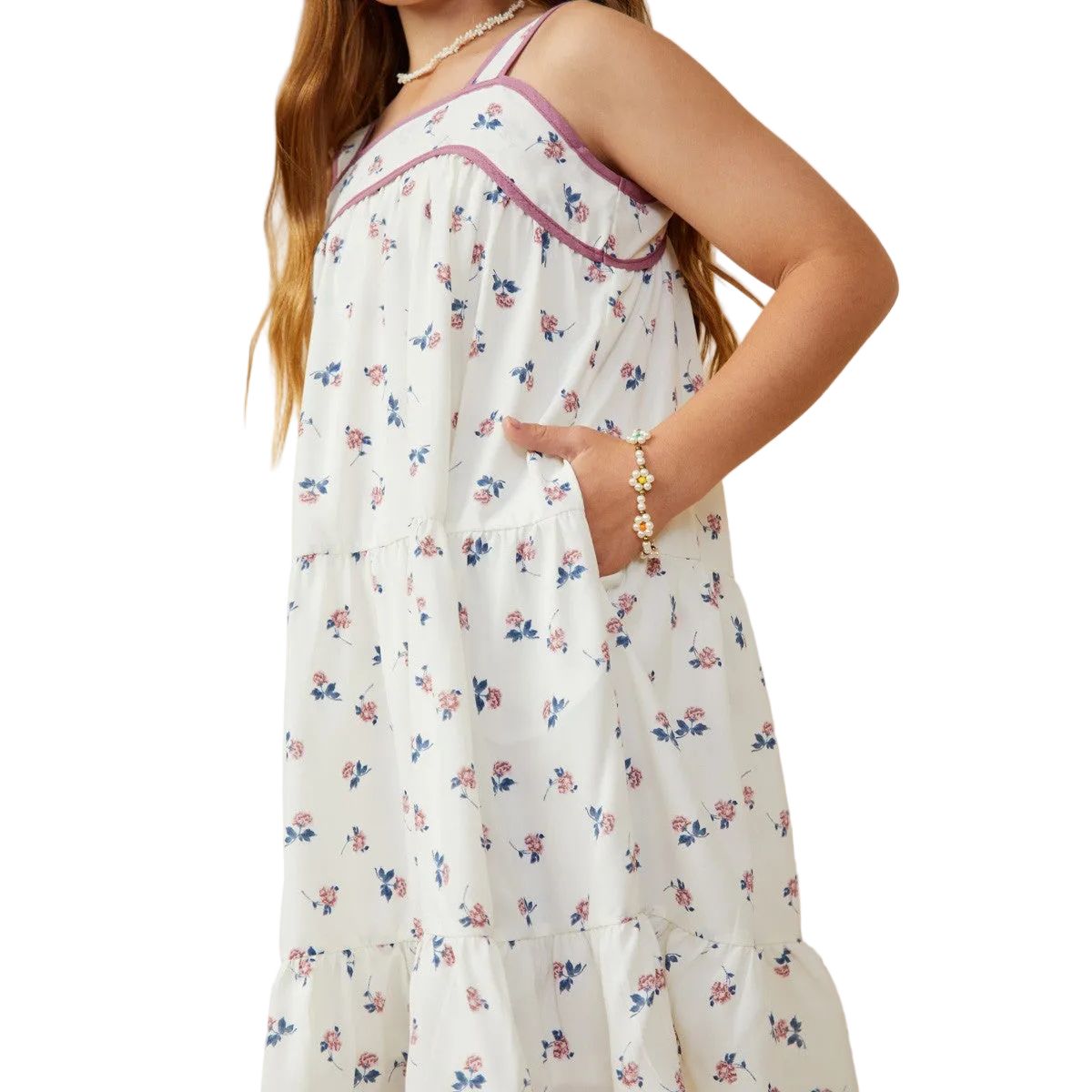 Girls Contrast Piped Ditsy Floral Tank Dress GY9270