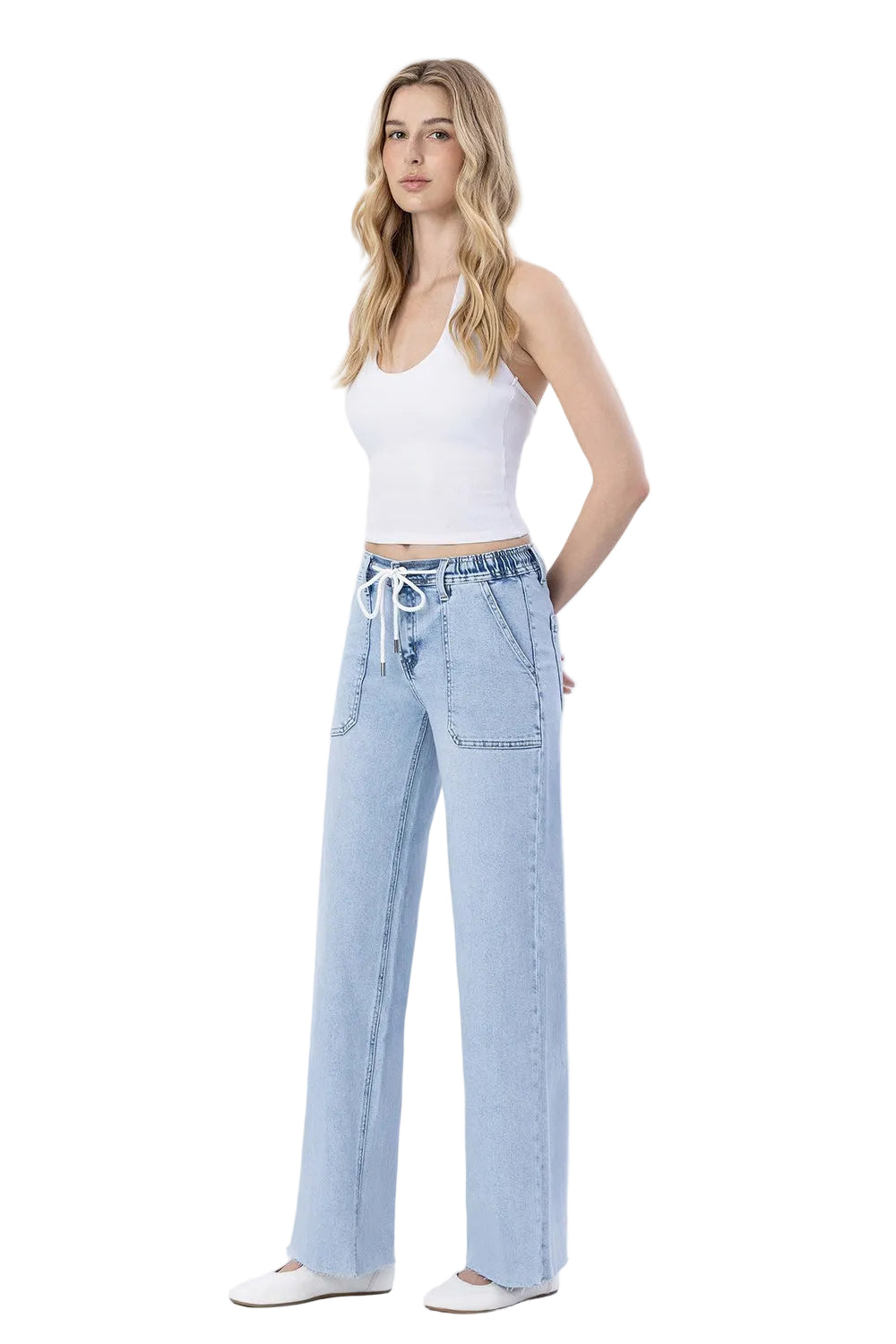 Women's High Rise Drawstring Waistband Wide Leg Jeans 