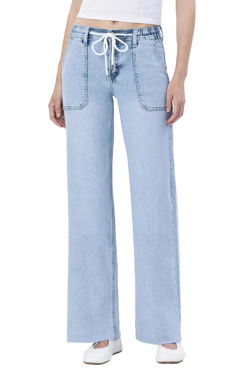 Women's High Rise Drawstring Waistband Wide Leg Jeans 