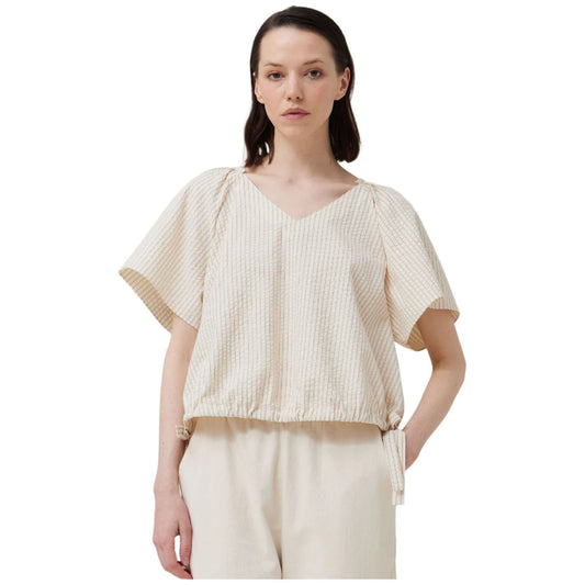 Women's Striped Side Ribbon Tie V-neck Short Shirt 41955DS