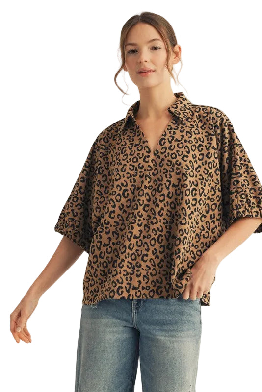 Jodifl Women's Toffee Drop Shoulder Leopard Top 