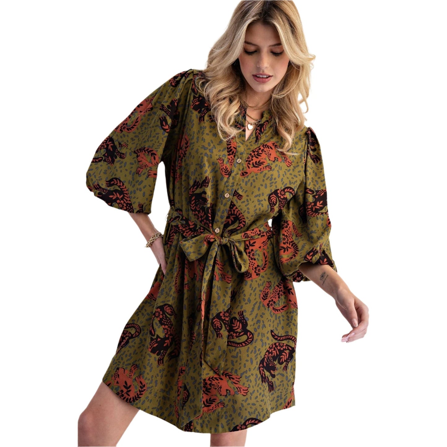Women's Animal Printed Wool Peach Shirt Dress ED79013
