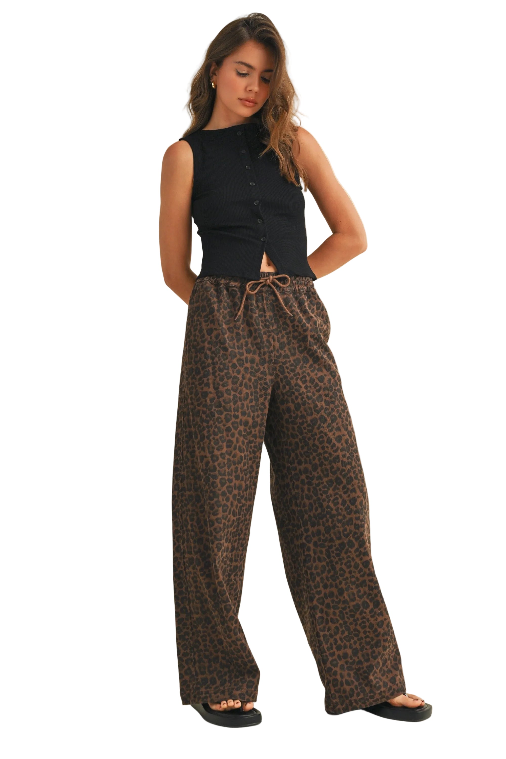 Women's Brown Leopard Print Wide Leg Denim Track Pants 
