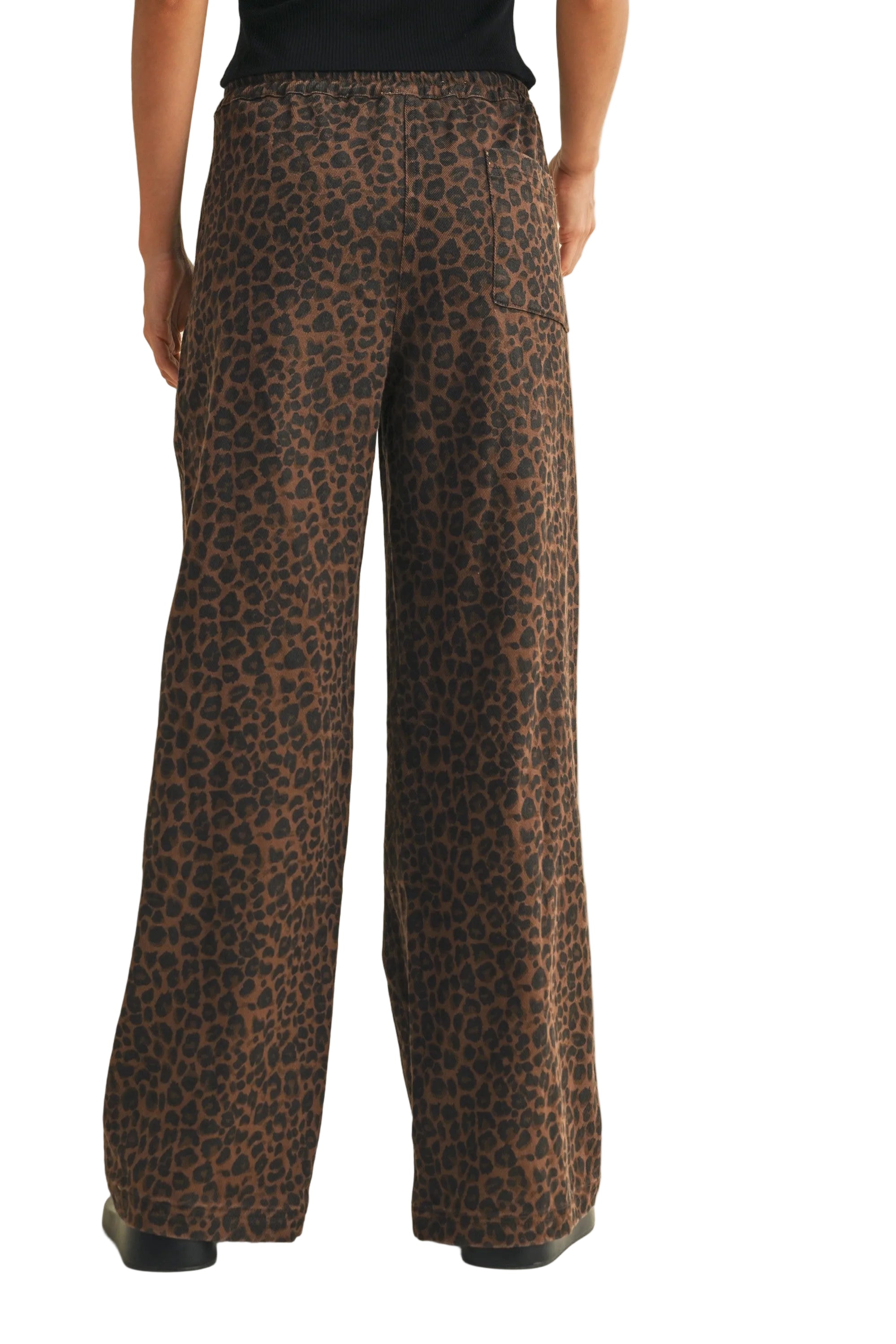 Women's Brown Leopard Print Wide Leg Denim Track Pants 