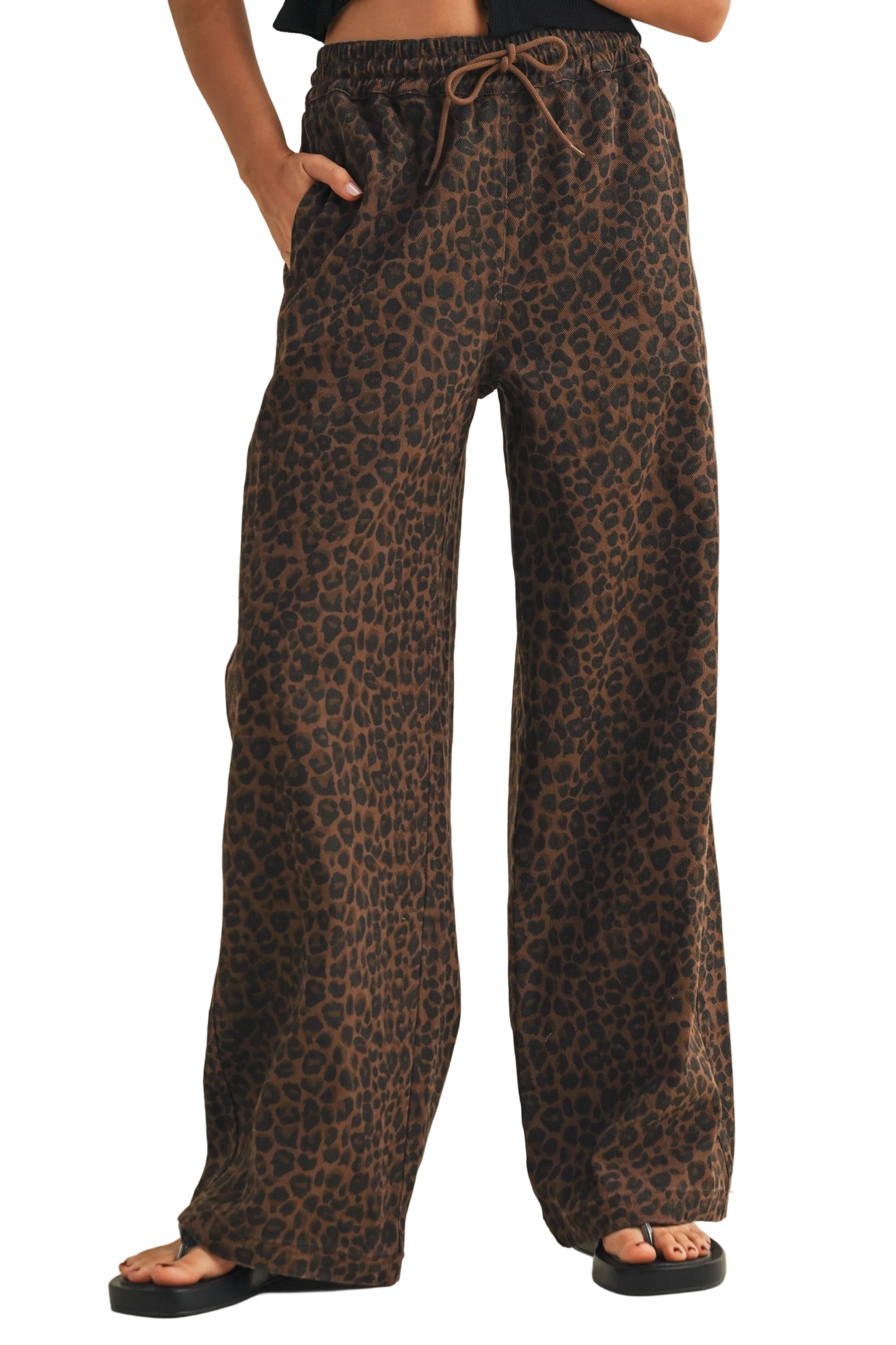 Women's Brown Leopard Print Wide Leg Denim Track Pants 