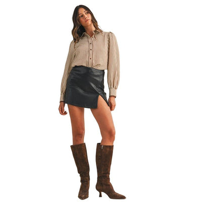Women's Stripe Scallop Trim Detail Puff Sleeve Blouse AT3006W-MOCHA