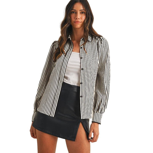 Women's Stripe Scallop Trim Detail Puff Sleeve Blouse AT3006W-BLK