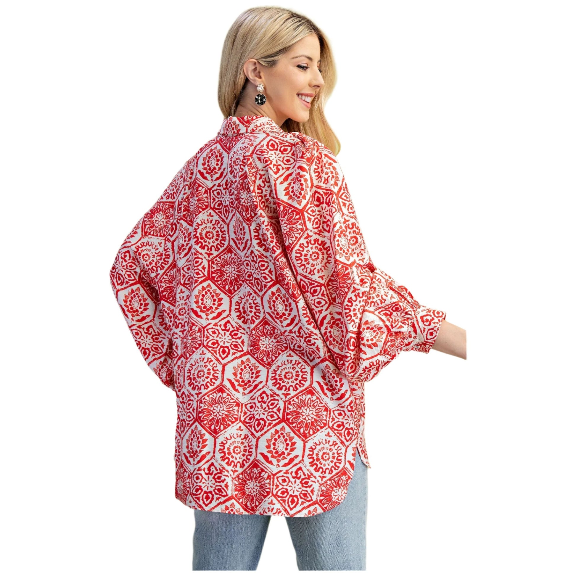 Women's Hexagonal Floral Print Oversized Button Down Shirt TG1912 - Crazy House Western Wear