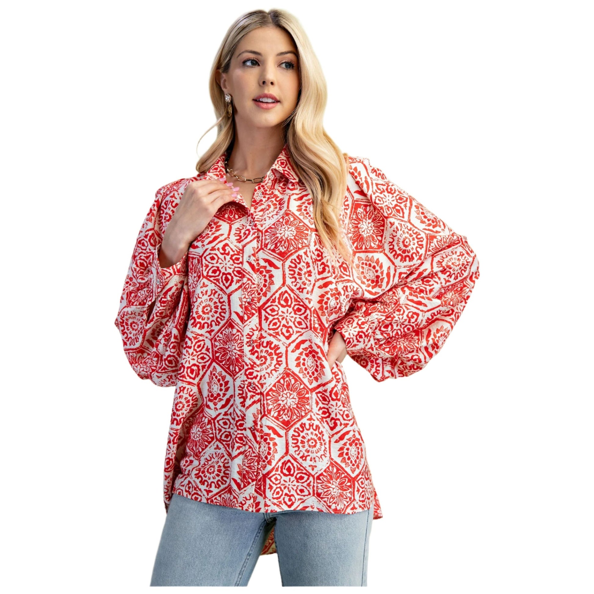 Women's Hexagonal Floral Print Oversized Button Down Shirt TG1912 - Crazy House Western Wear