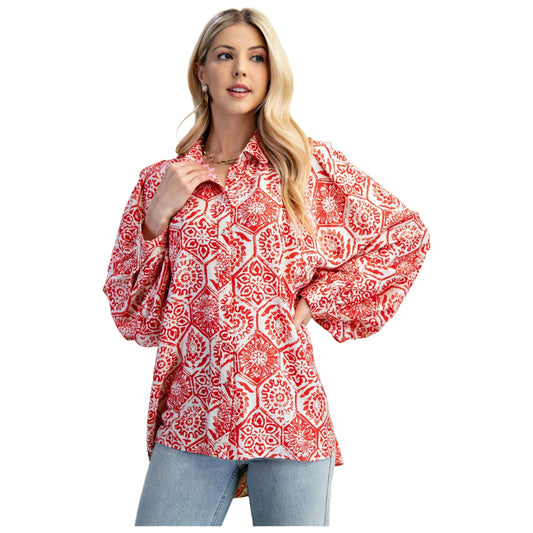 Women's Hexagonal Floral Print Oversized Button Down Shirt TG1912 - Crazy House Western Wear