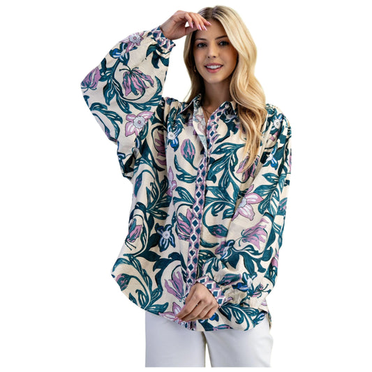Women's Floral Print Button Down Shirt TG1866 - Crazy House Western Wear