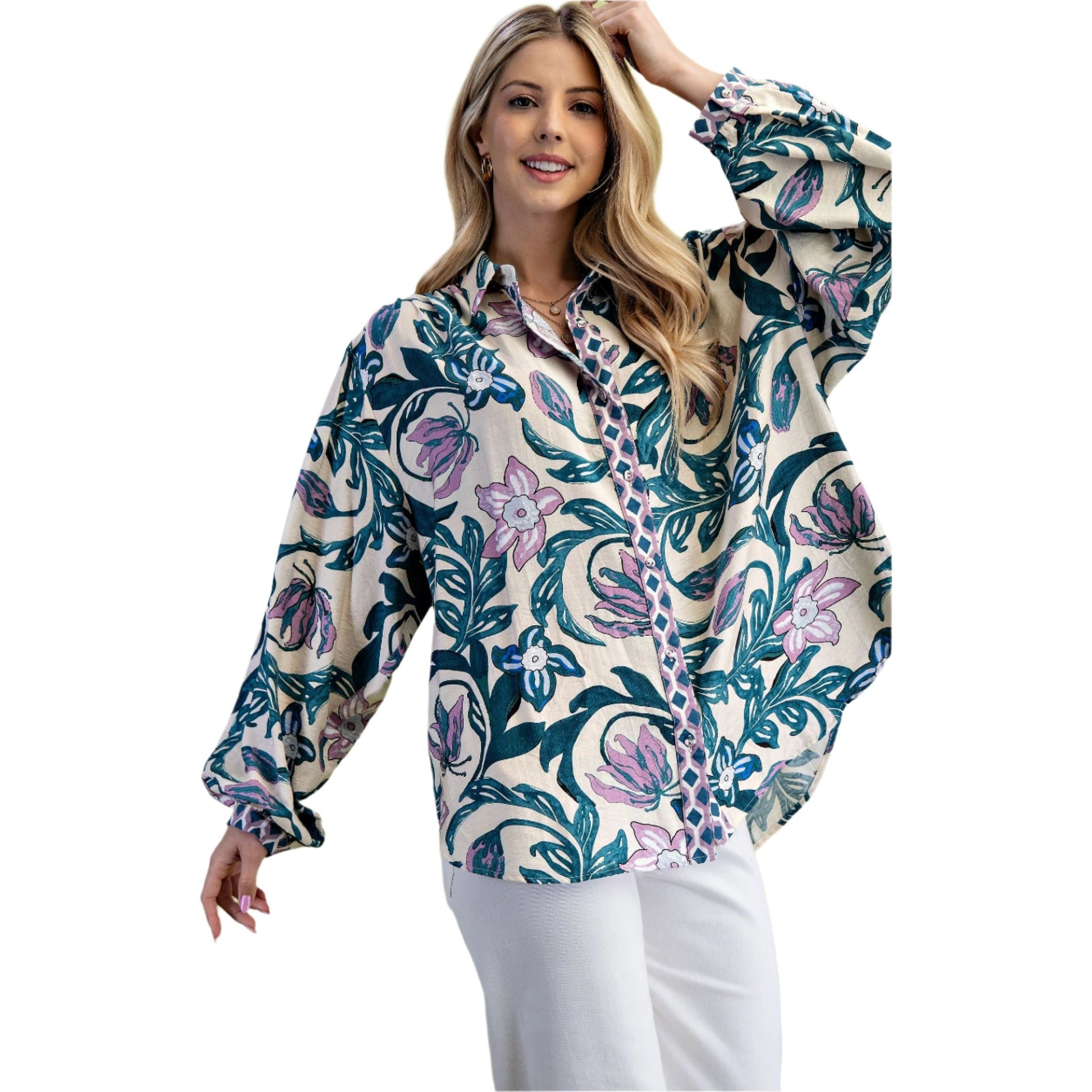 Women's Floral Print Button Down Shirt TG1866 - Crazy House Western Wear