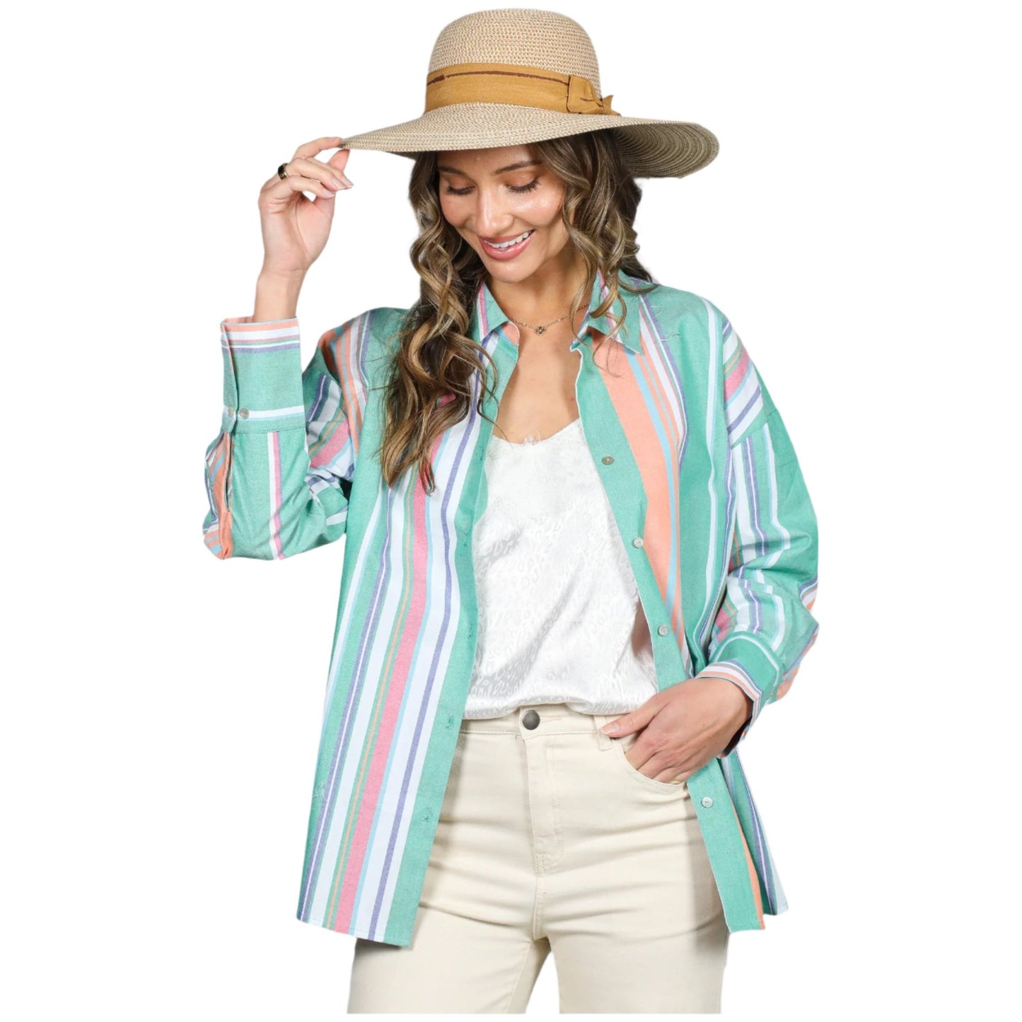 Women's Long Sleeve Button Down Multi Striped Cotton Shirt VT81324D