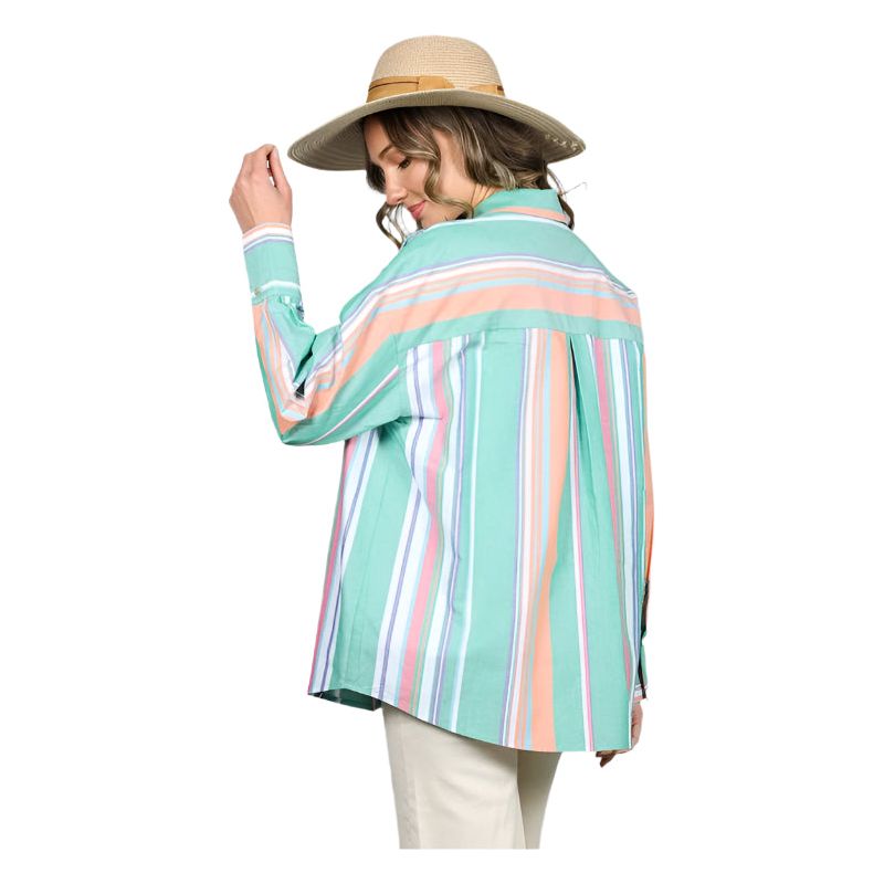 Women's Long Sleeve Button Down Multi Striped Cotton Shirt VT81324D