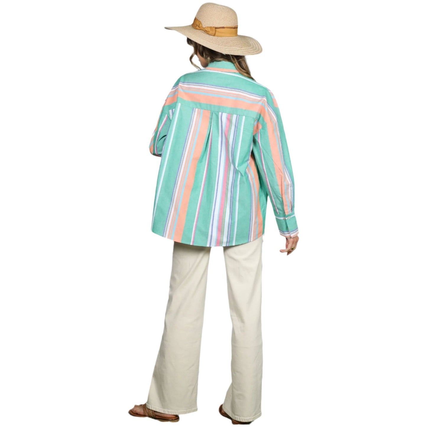 Women's Long Sleeve Button Down Multi Striped Cotton Shirt VT81324D