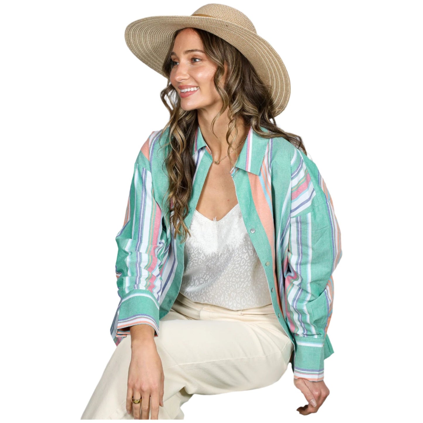 Women's Long Sleeve Button Down Multi Striped Cotton Shirt VT81324D