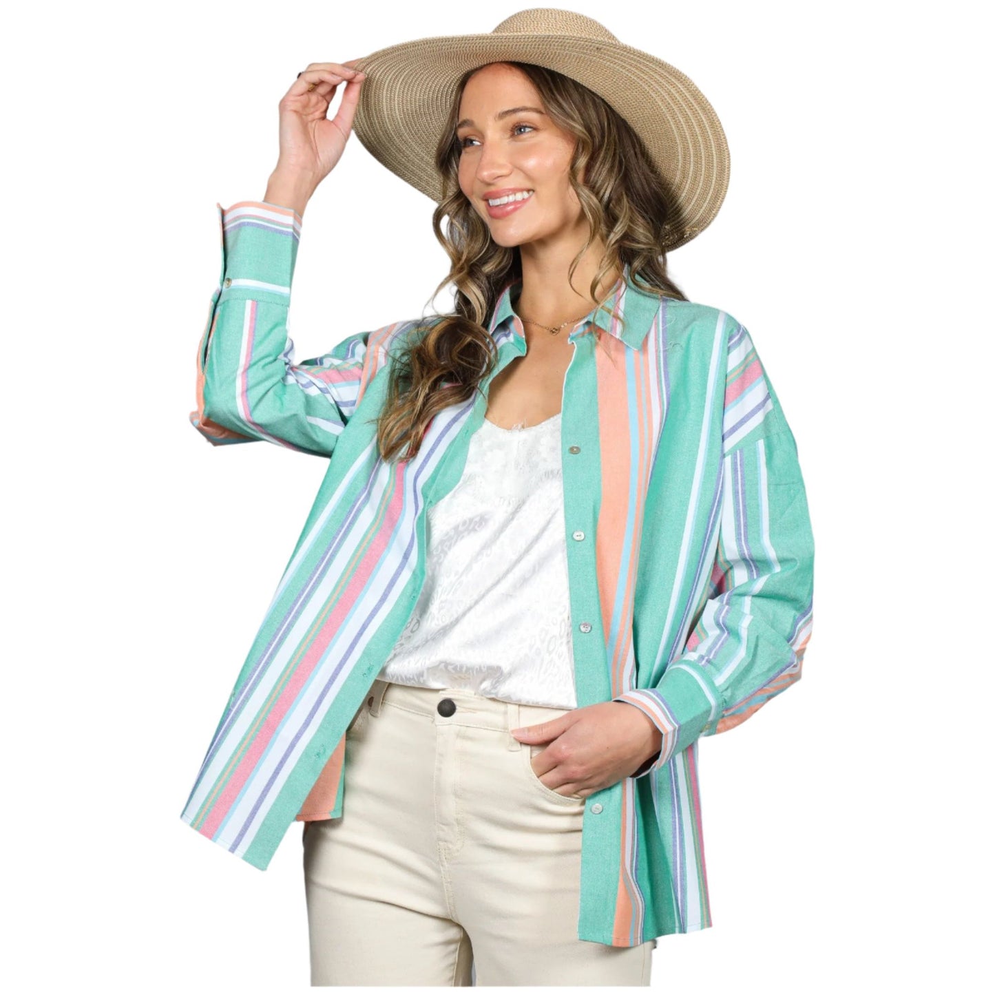 Women's Long Sleeve Button Down Multi Striped Cotton Shirt VT81324D
