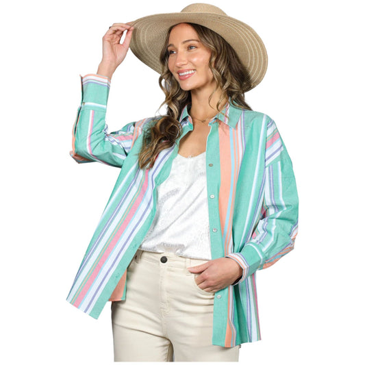 Women's Long Sleeve Button Down Multi Striped Cotton Shirt VT81324D