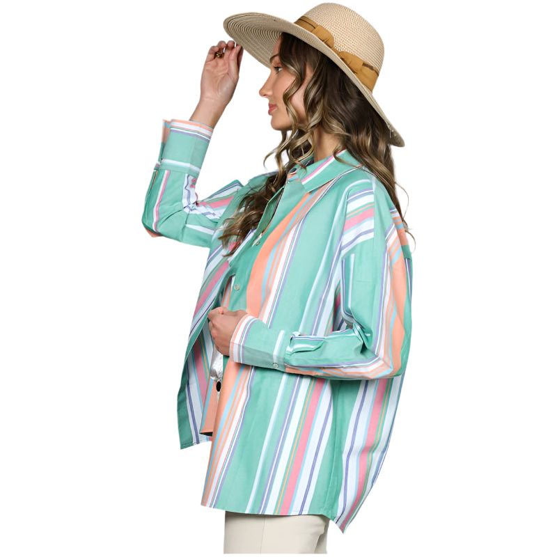 Women's Long Sleeve Button Down Multi Striped Cotton Shirt VT81324D