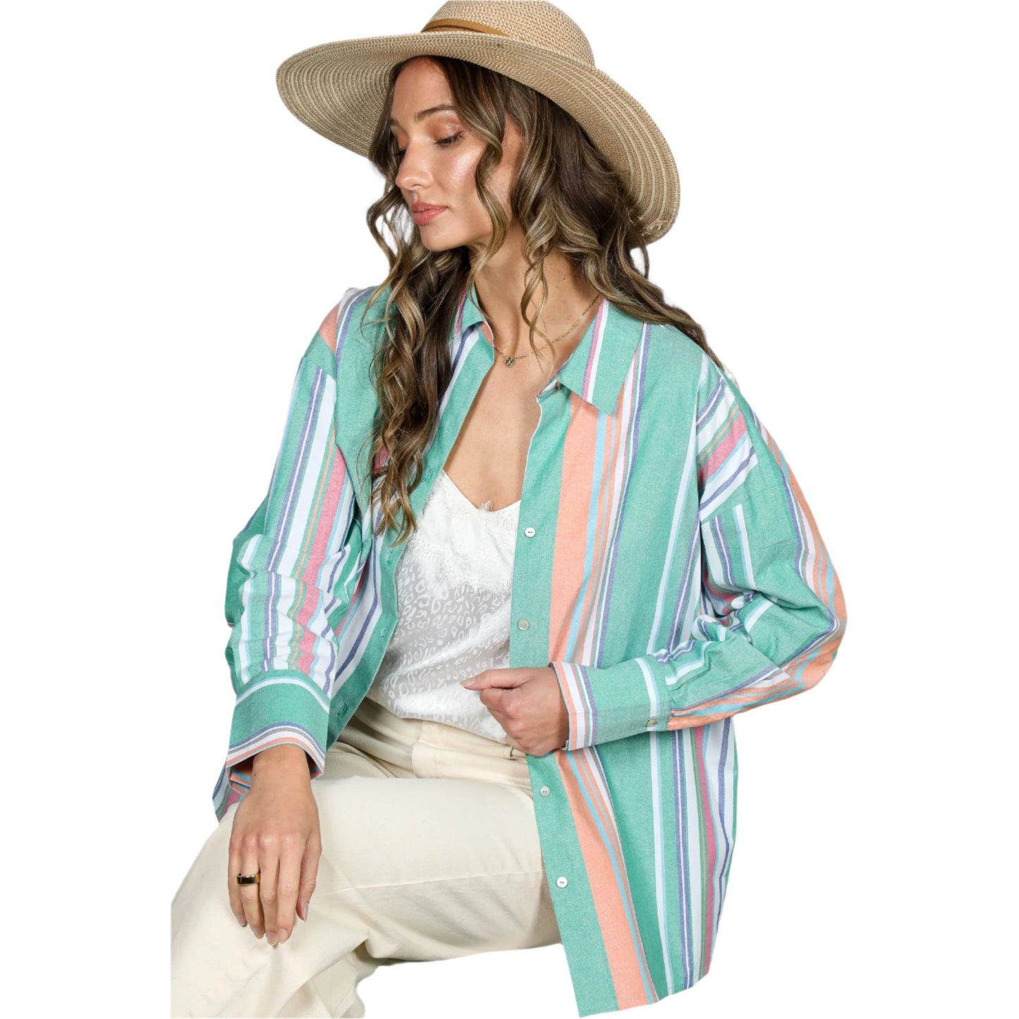 Women's Long Sleeve Button Down Multi Striped Cotton Shirt VT81324D