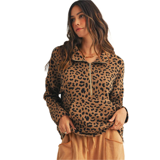 Women's Leopard Loose Fit Zipper Pullover Top DT1150