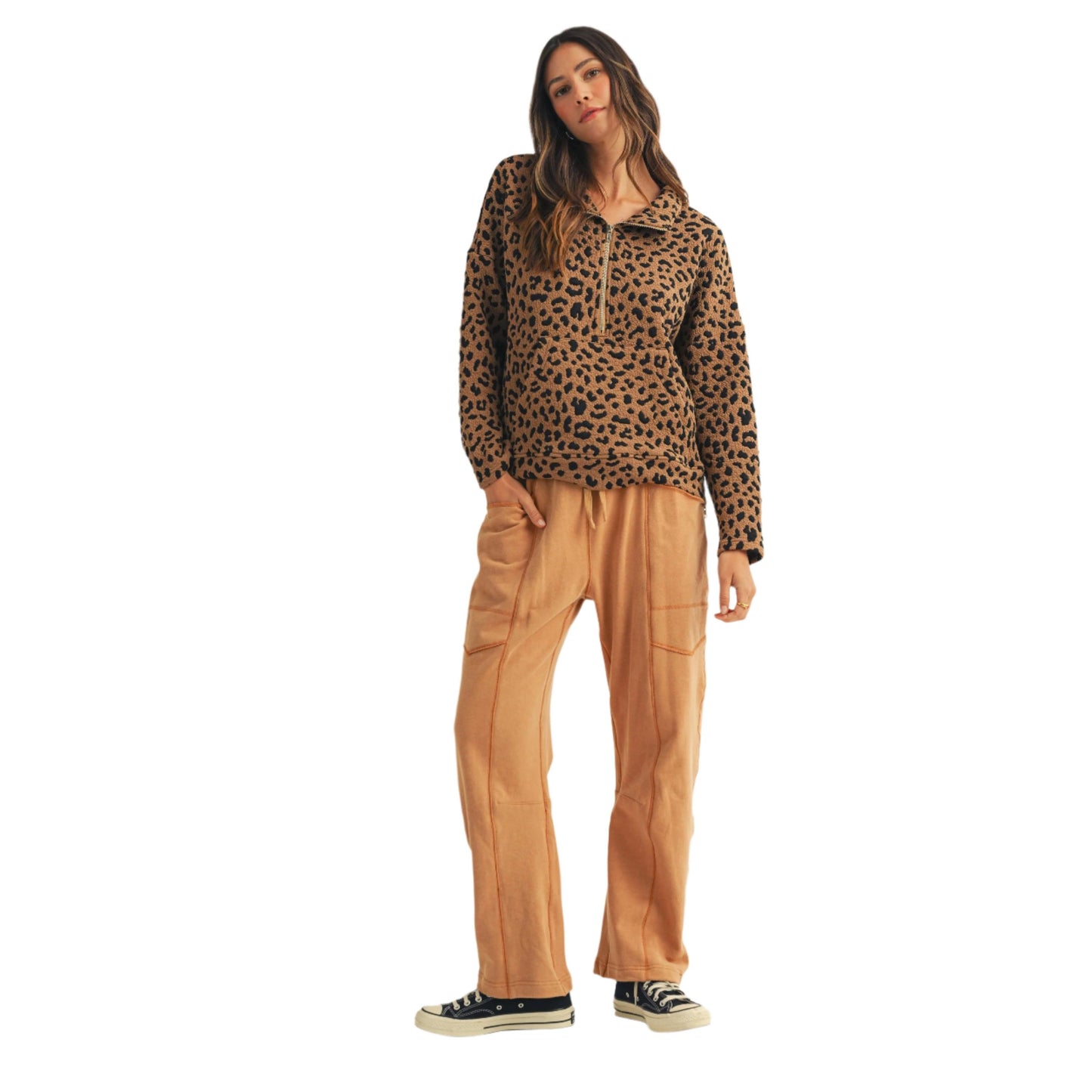 Women's Leopard Loose Fit Zipper Pullover Top DT1150