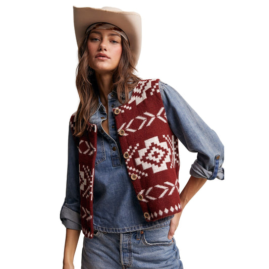 Women's Southwestern Button-up Wool Vest LSW0977-BUR
