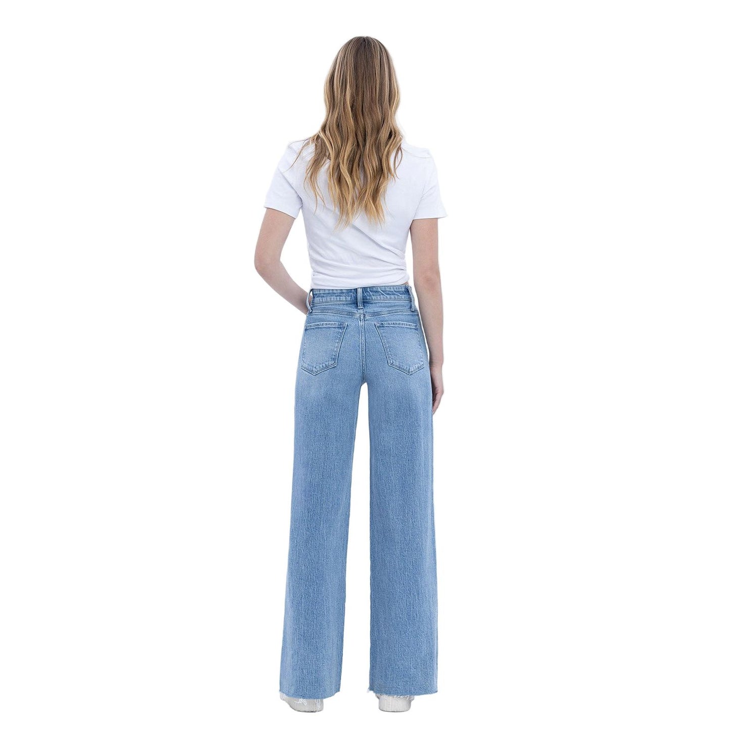 Women's High Rise Clean Cut Raw Hem Wide Jeans T6900