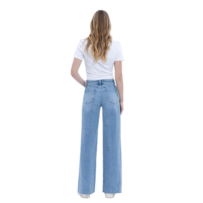 Women's High Rise Clean Cut Raw Hem Wide Jeans T6900