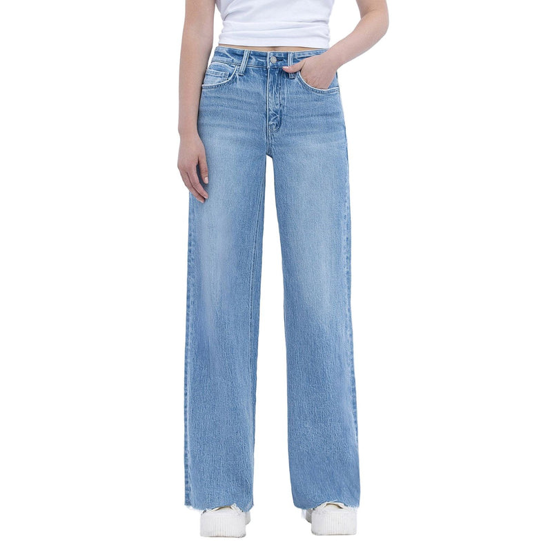 Women's High Rise Clean Cut Raw Hem Wide Jeans T6900