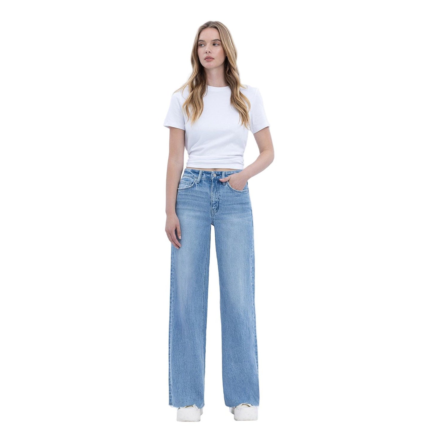 Women's High Rise Clean Cut Raw Hem Wide Jeans T6900