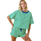 Women's Green and Blue Boxy Terry Short Sleeve Tee With Contrast Neckband A3769