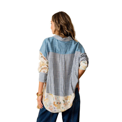 Women's Relaxed Fit Long Sleeve Striped And Floral Top ET6308