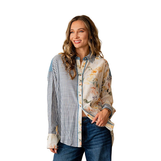 Women's Relaxed Fit Long Sleeve Striped And Floral Top ET6308