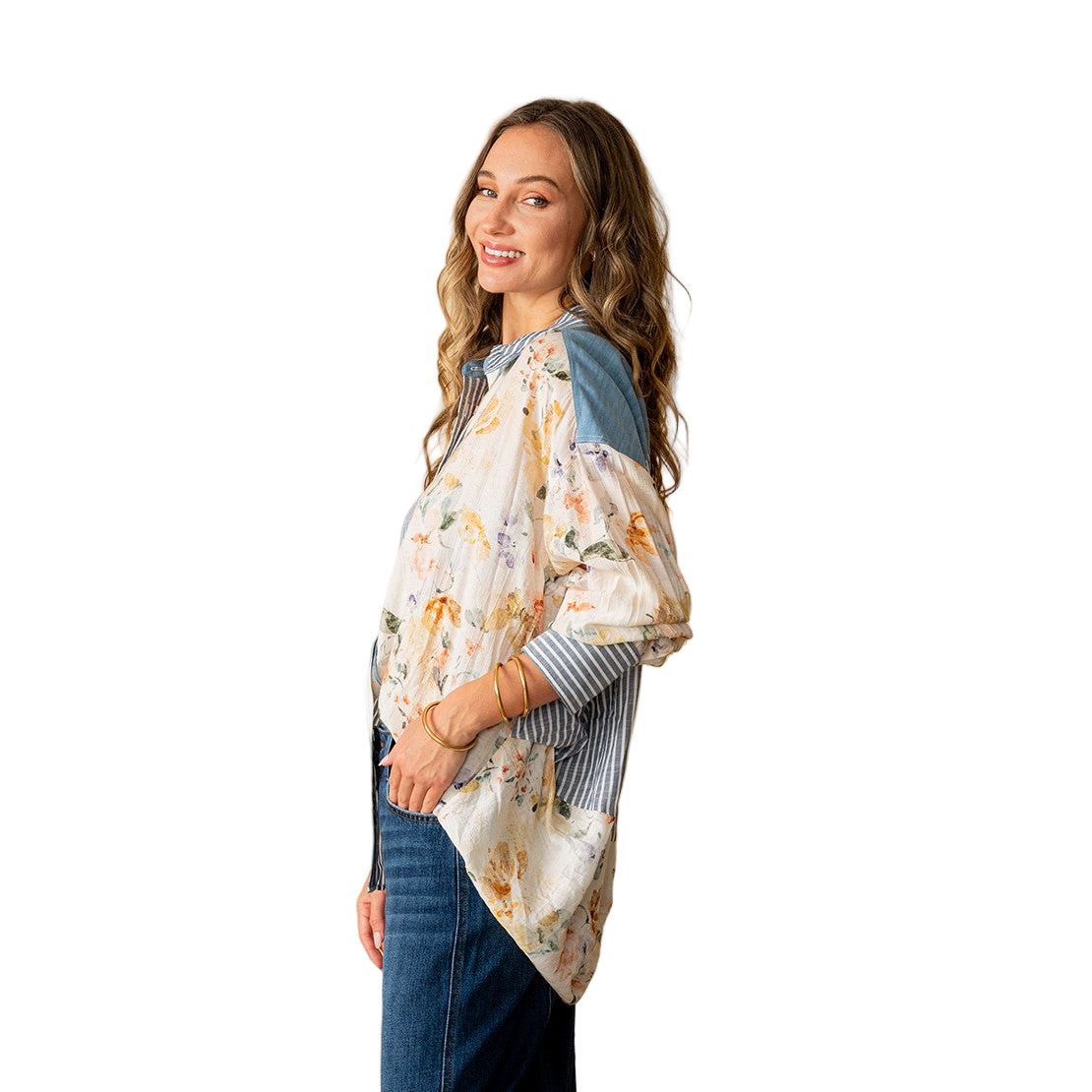 Women's Relaxed Fit Long Sleeve Striped And Floral Top ET6308
