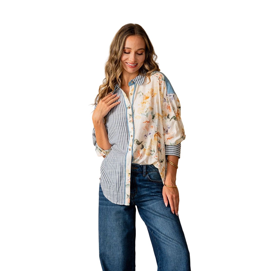 Women's Relaxed Fit Long Sleeve Striped And Floral Top ET6308