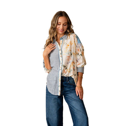 Women's Relaxed Fit Long Sleeve Striped And Floral Top ET6308