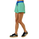 Women's Green and Blue Terry Striped Shorts With Contrasting Waistband A3927