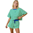 Women's Green and Blue Terry Striped Shorts With Contrasting Waistband A3927
