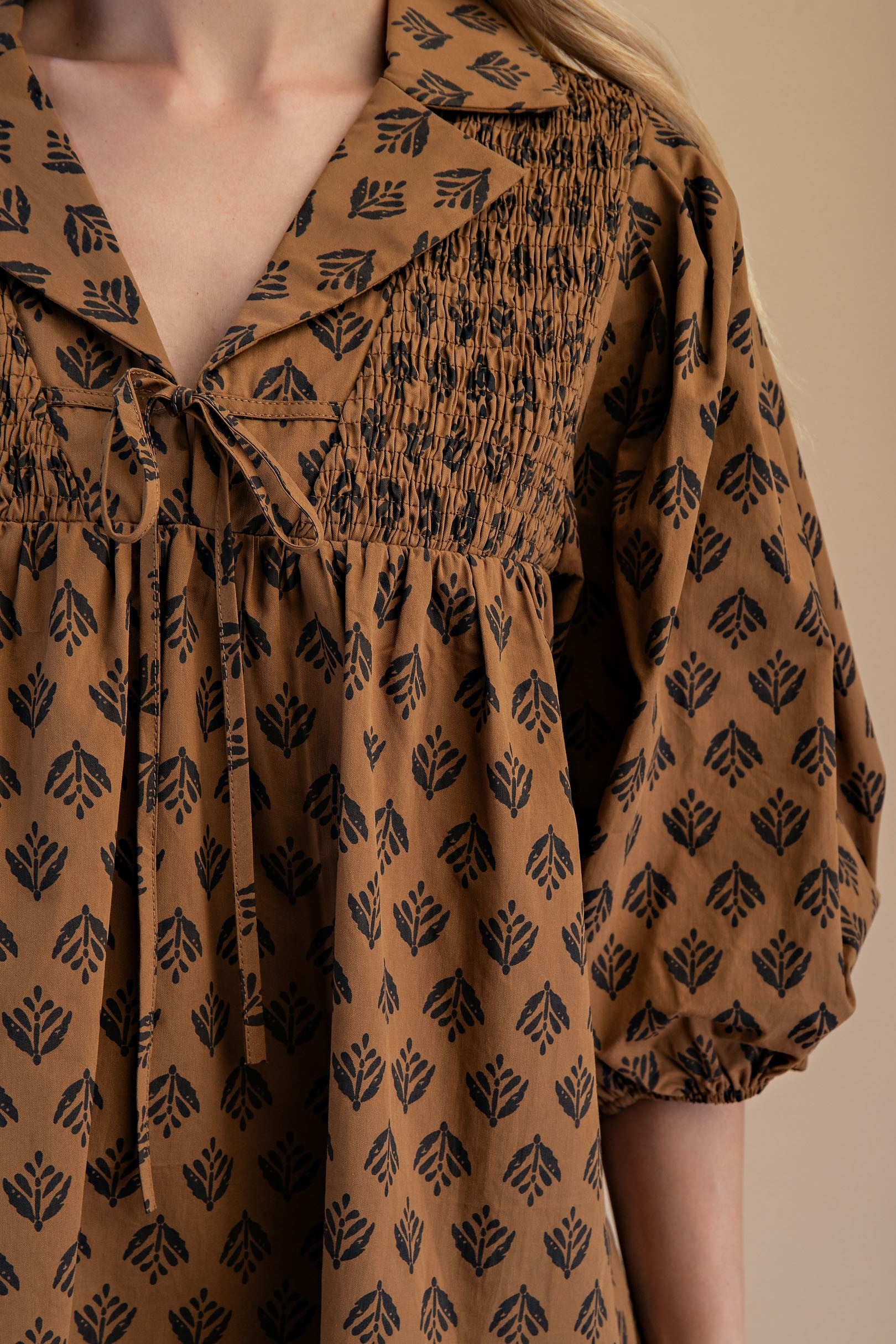 Women's Gigio Brown Printed Front Tie Blouse 