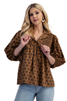 Women's Gigio Brown Printed Front Tie Blouse 
