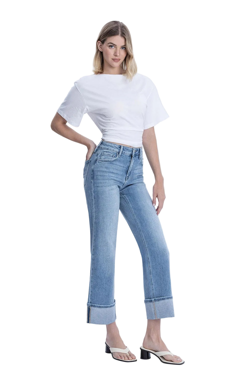 Women's Flying Monkey High Rise Medium Light Wash Cuffed Slim Wide Jeans F6061