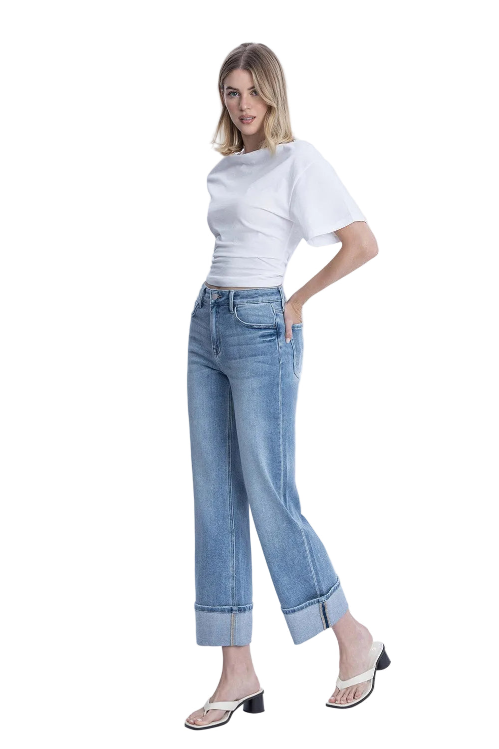 Women's Flying Monkey High Rise Medium Light Wash Cuffed Slim Wide Jeans F6061