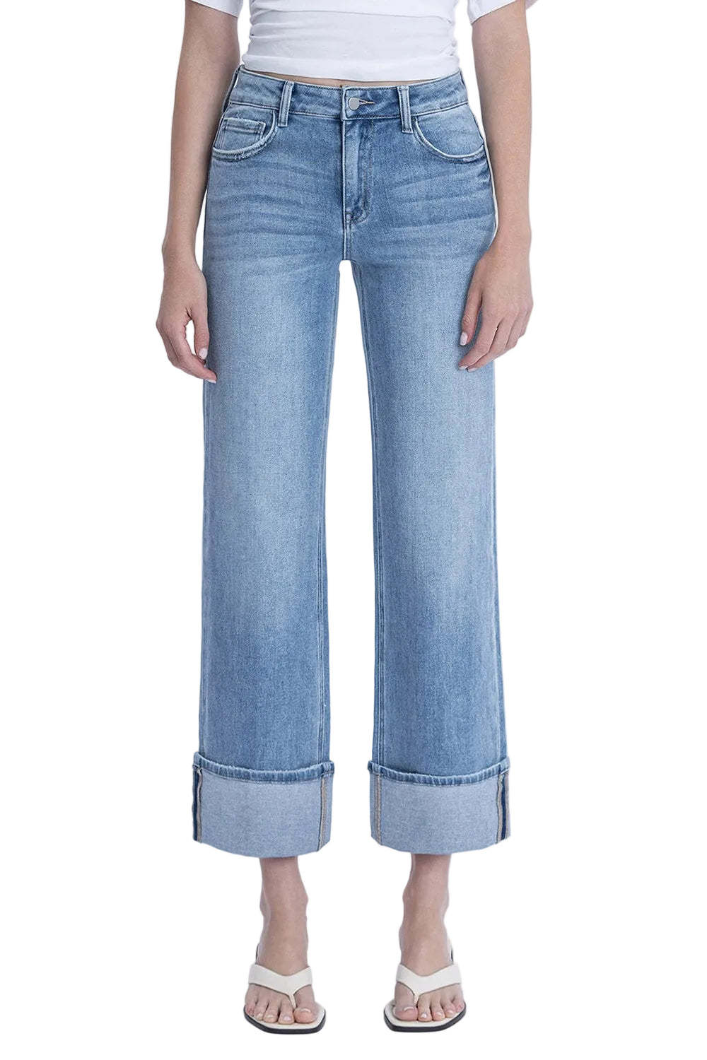 Women's Flying Monkey High Rise Medium Light Wash Cuffed Slim Wide Jeans F6061