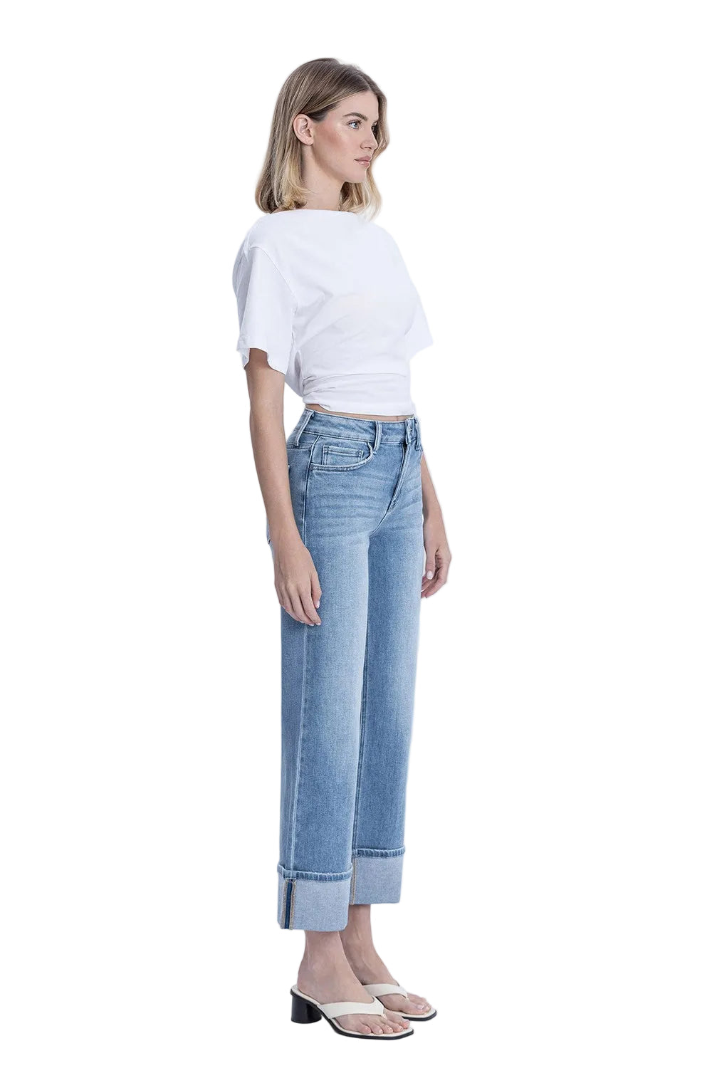 Women's Flying Monkey High Rise Medium Light Wash Cuffed Slim Wide Jeans F6061