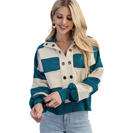 Women's Striped Texture Mixed Rugby Style Sweatshirt TE1326