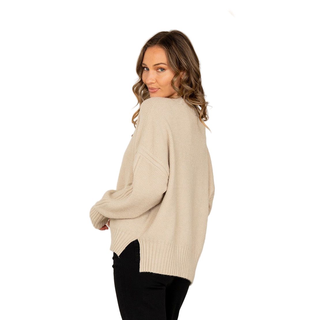 Women's Relaxed Fit Waffle Knit Pullover Sweater ET6240