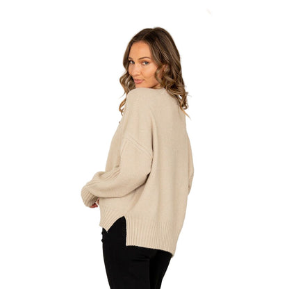 Women's Relaxed Fit Waffle Knit Pullover Sweater ET6240