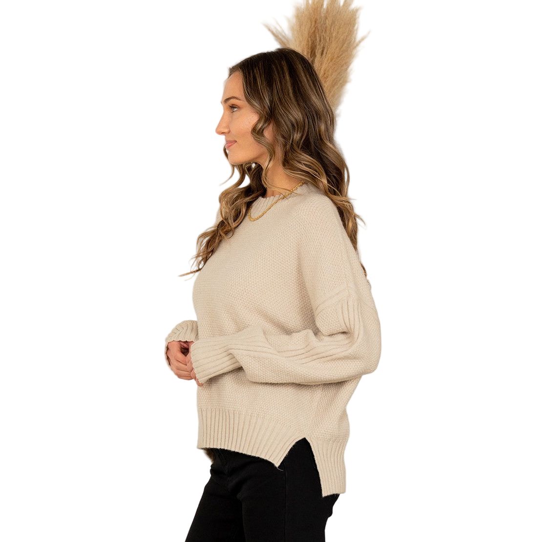 Women's Relaxed Fit Waffle Knit Pullover Sweater ET6240