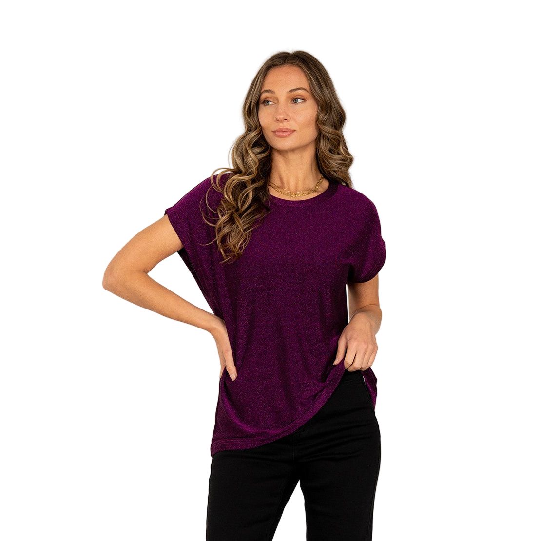 Women's Round Neck Cap Sleeves Shimmer Top ET3616